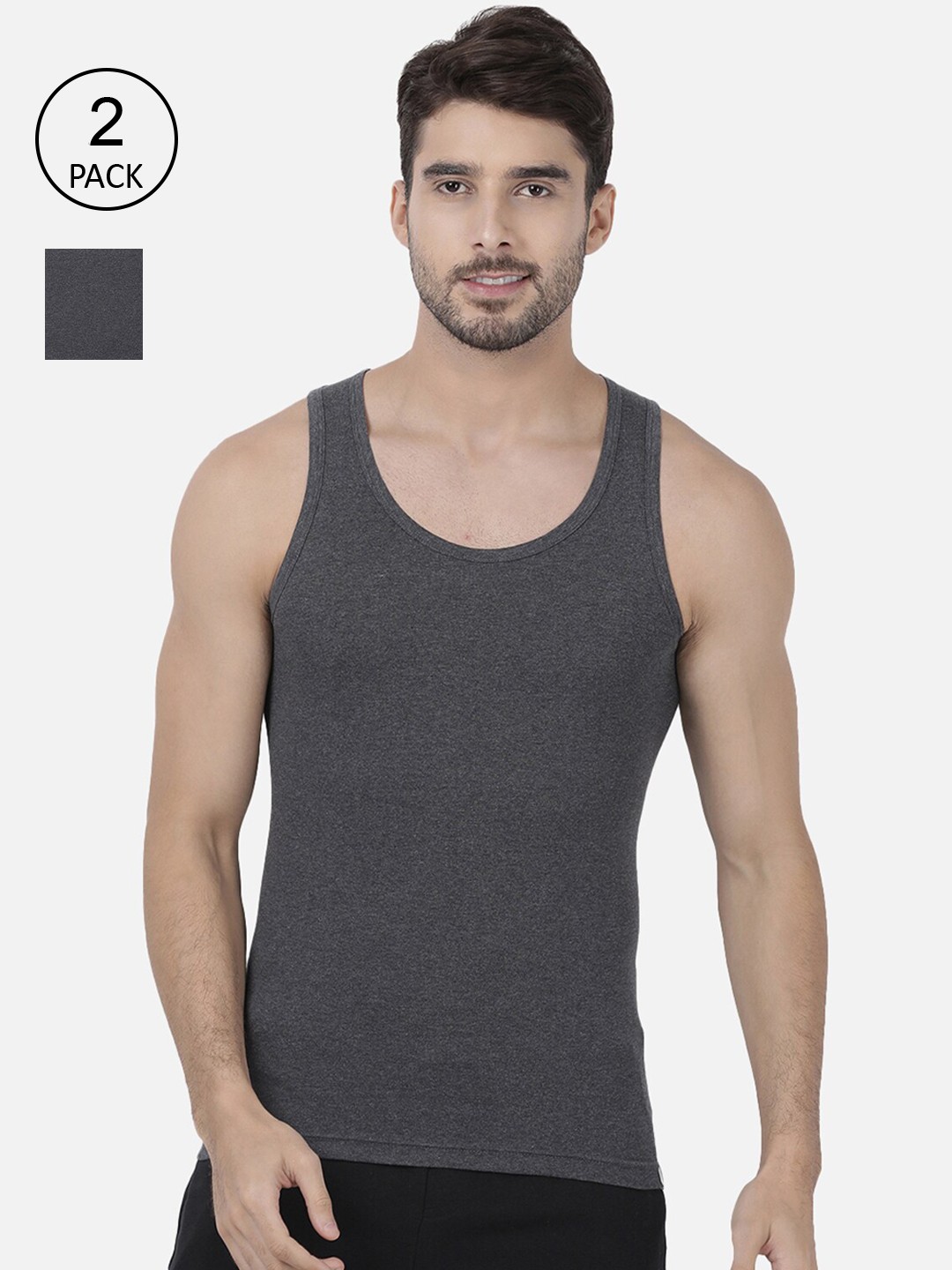 

one8 by Virat Kohli Men Charcoal Pack Of 2 Solid Pure Super Combed Cotton Innerwear Vests