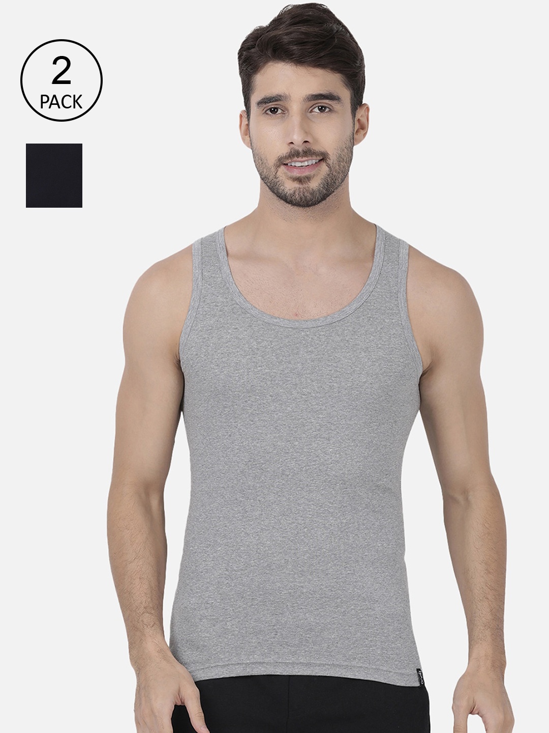 

one8 by Virat Kohli Men Pack Of 2 Solid Pure Combed Cotton Basic Innerwear Vests112-PO2, Grey melange