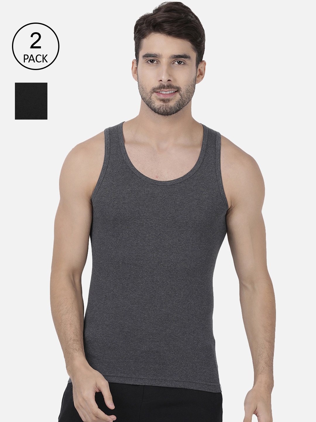 

one8 by Virat Kohli Men Pack Of 2 Solid Pure Combed Cotton Basic Innerwear Vests 112-PO2, Charcoal