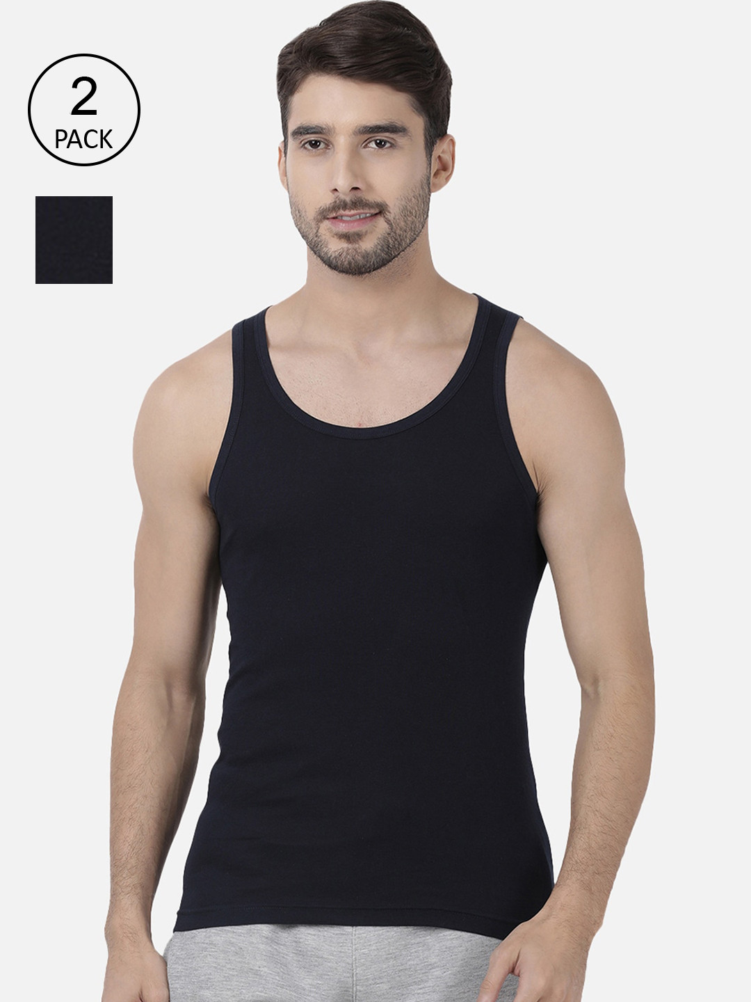 

one8 by Virat Kohli Men Pack Of 2 Solid Pure Combed Cotton Basic Innerwear Vests 112-PO2, Black