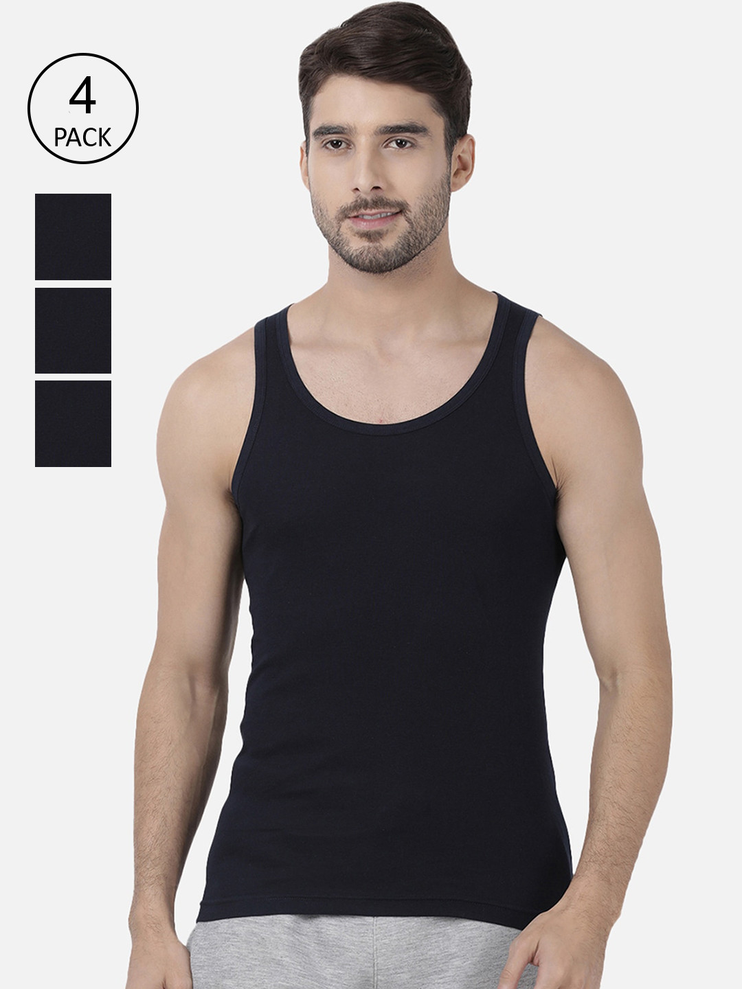 

one8 by Virat Kohli Men Pack Of 4 Solid Pure Super Combed Cotton Basic Innerwear Vests, Black
