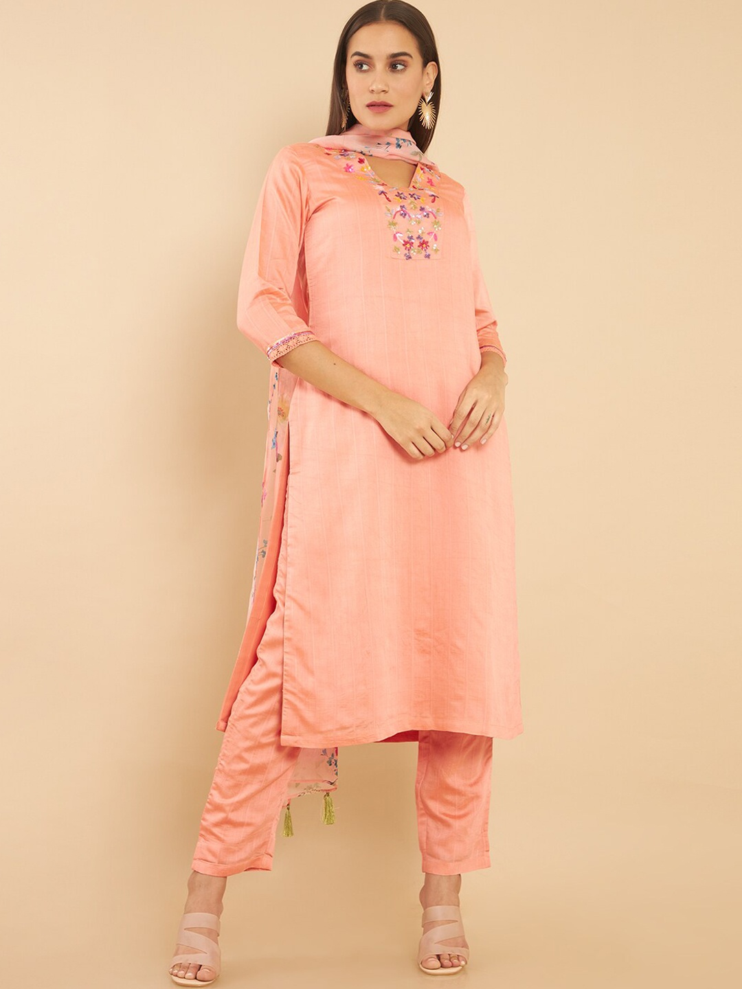

Soch Women Peach-Coloured Floral Yoke Design Kurta with Trousers & Dupatta