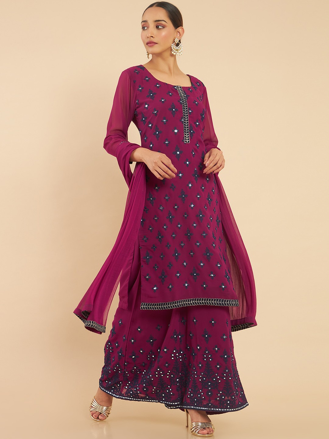 

Soch Women Magenta Ethnic Motifs Embroidered Mirror Work Kurta with Palazzos & Dupatta