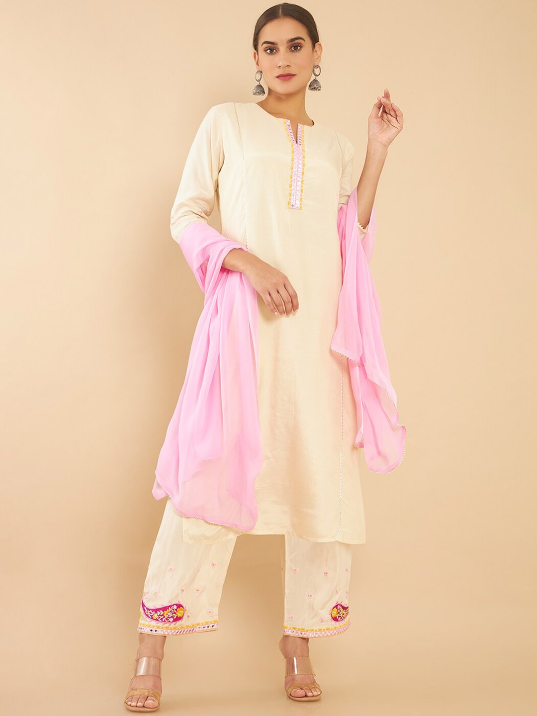 

Soch Women Beige Yoke Design Pure Cotton Kurta with Trousers & Dupatta