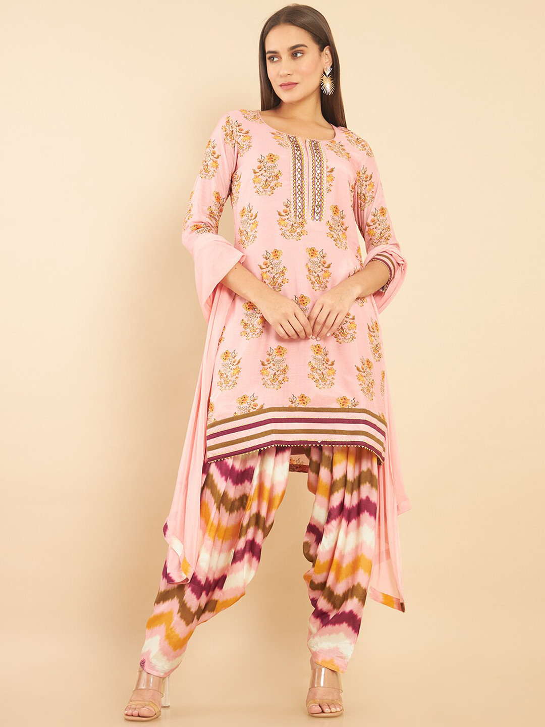 

Soch Women Pink Floral Striped Empire Pure Cotton Kurti with Patiala & With Dupatta