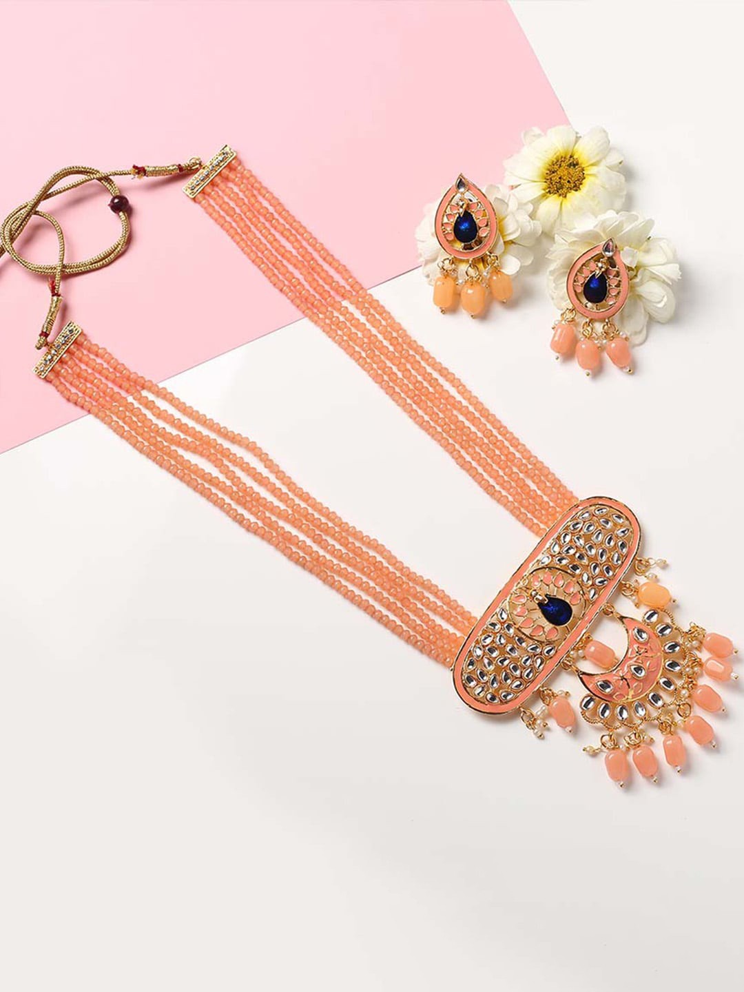 

MAD CLUB Gold-Plated Peach Pearl Beaded Meenakari Jewellery Set