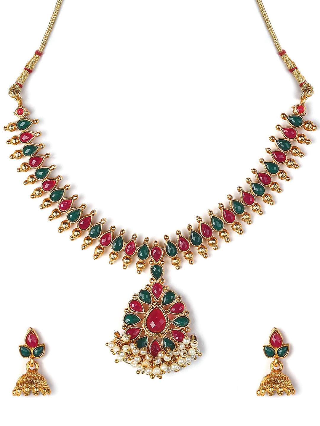 

MAD CLUB Gold-Plated Red & Green Kundan Studded Jewellery Set