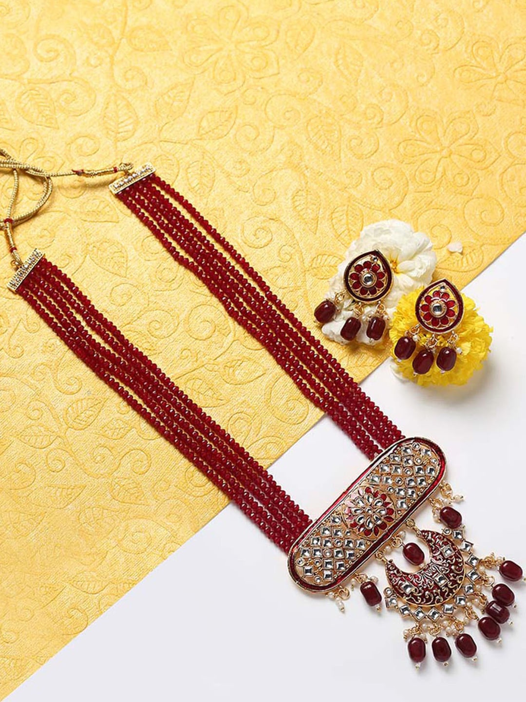 

MAD CLUB Gold-Plated Maroon Stone-Studded & Beaded Jewellery Set