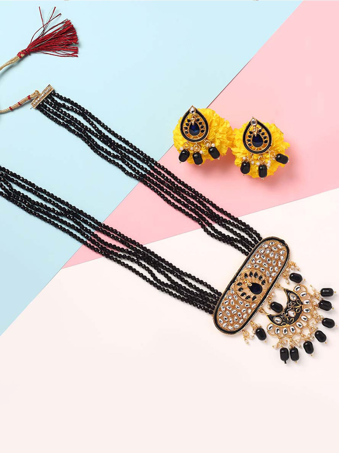 

MAD CLUB Women Gold-Plated Black Meenakari Multistrand Jewellery Set