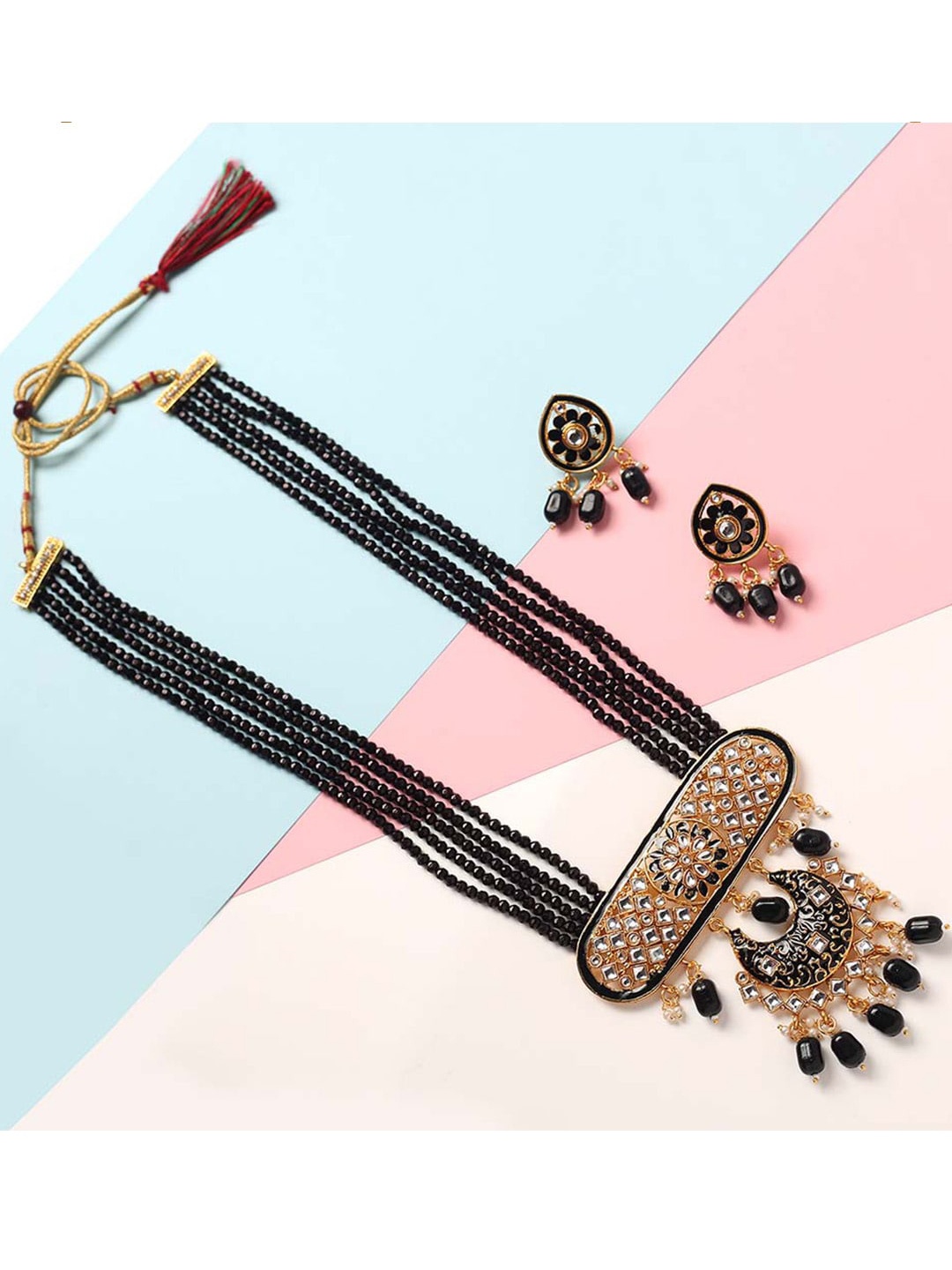 

MAD CLUB Black Gold-Plated Stone Studded & Beaded Meenakari Multistrand Jewellery Set