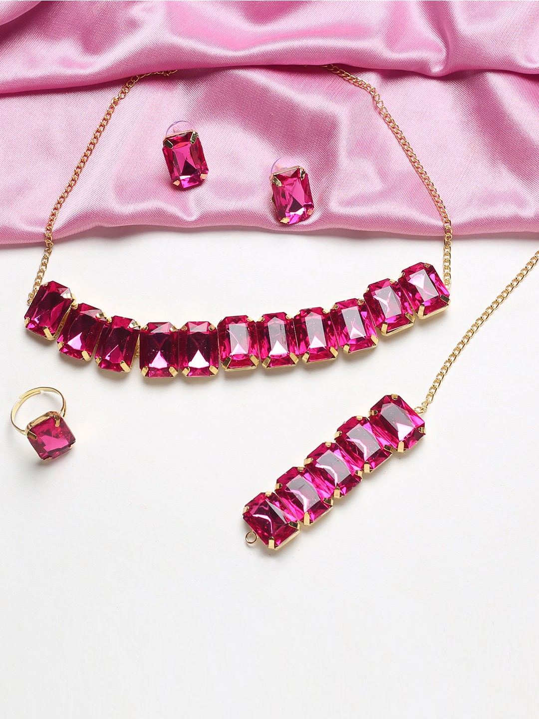 

MAD CLUB Pink & Gold-Toned & Plated Stone Studded Choker Jewellery Set