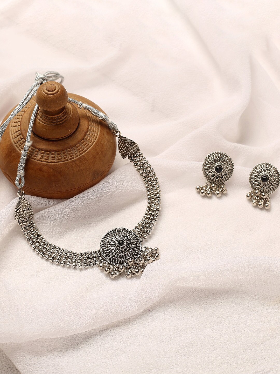 

MAD CLUB White Oxidized German Silver Stone Studded Jewellery Set