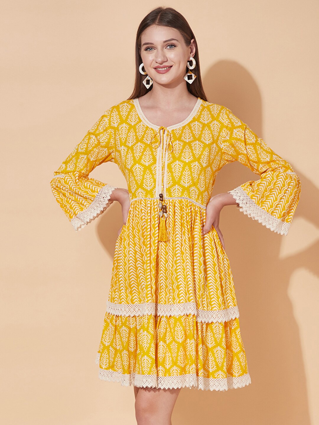 

FASHOR Yellow Floral Tie-Up Neck Tiered Flared Dress