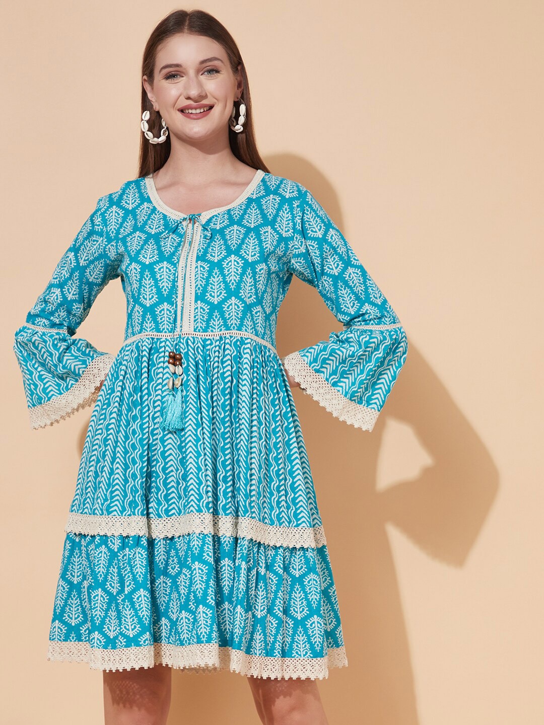 

FASHOR Turquoise Blue Ethnic Motifs Tie-Up Neck A-Line Dress
