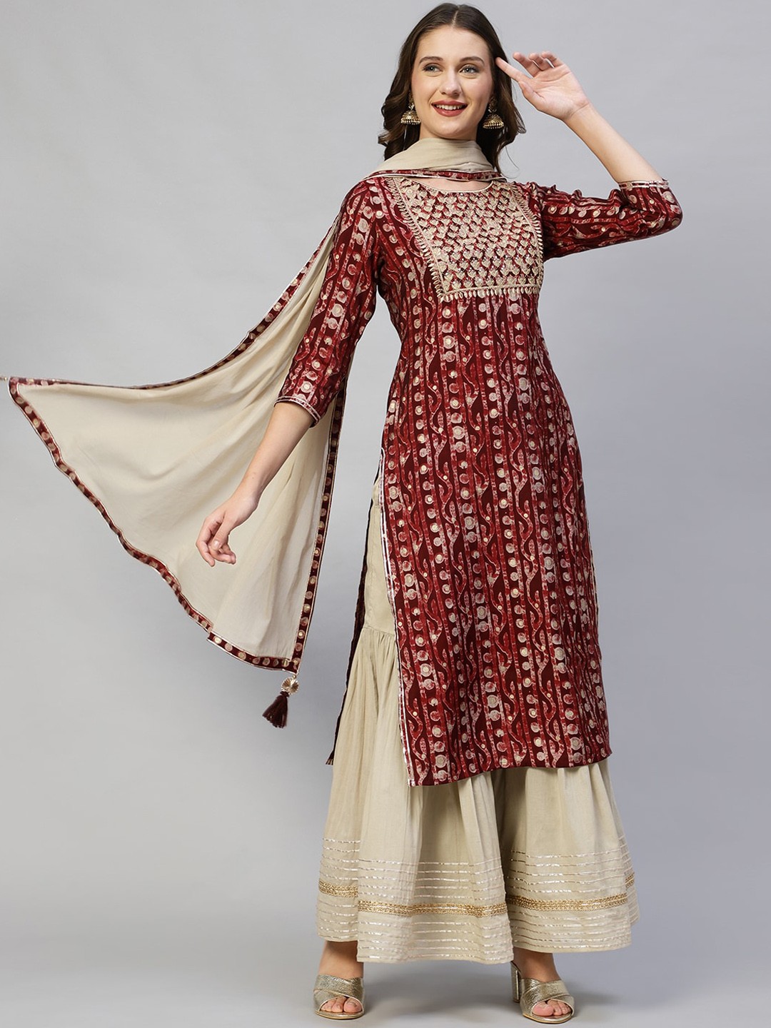 

FASHOR Women Maroon Printed & Sequined Kurta with Sharara & Dupatta