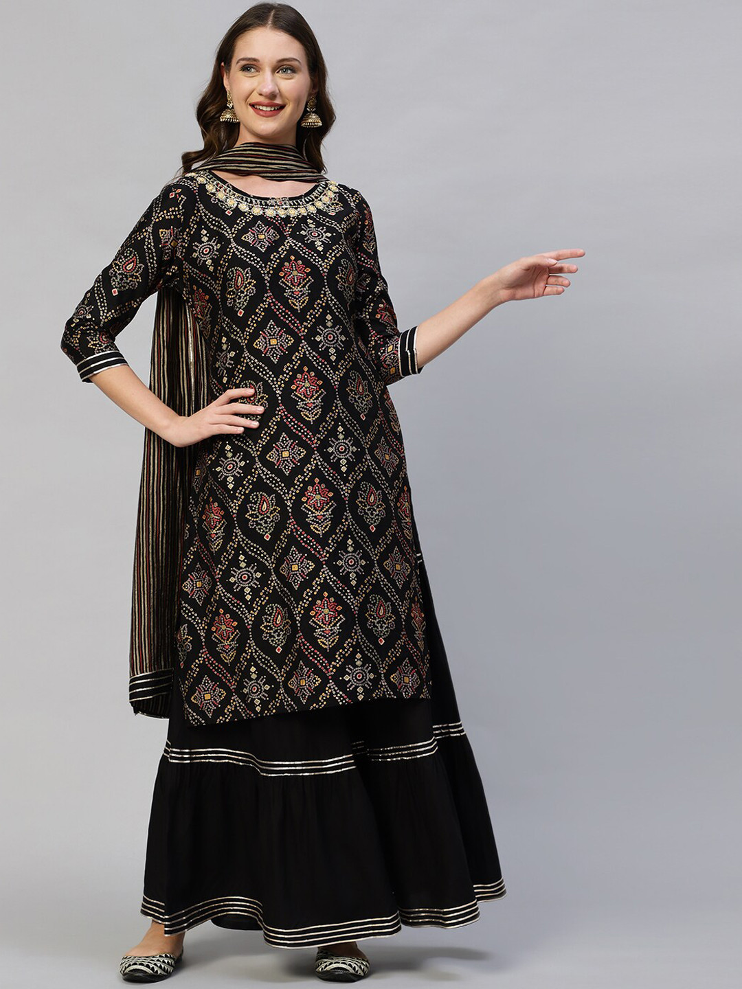 

FASHOR Women Black Embroidered Sequinned Kurta with Palazzo & With Dupatta