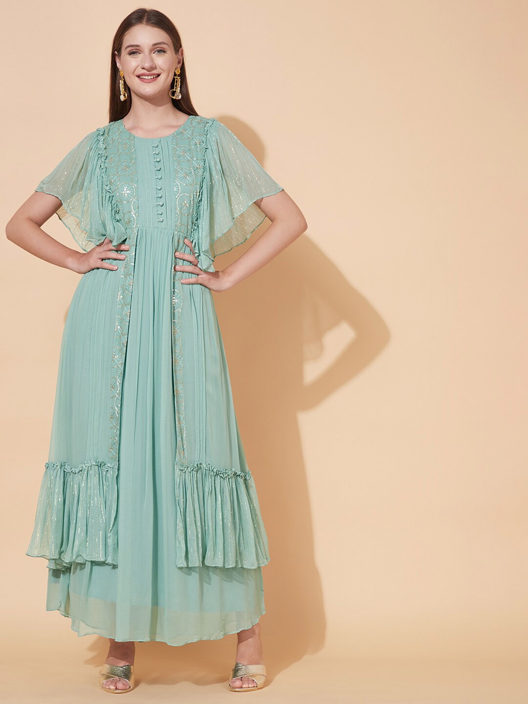 

FASHOR Green Layered Georgette Maxi Dress
