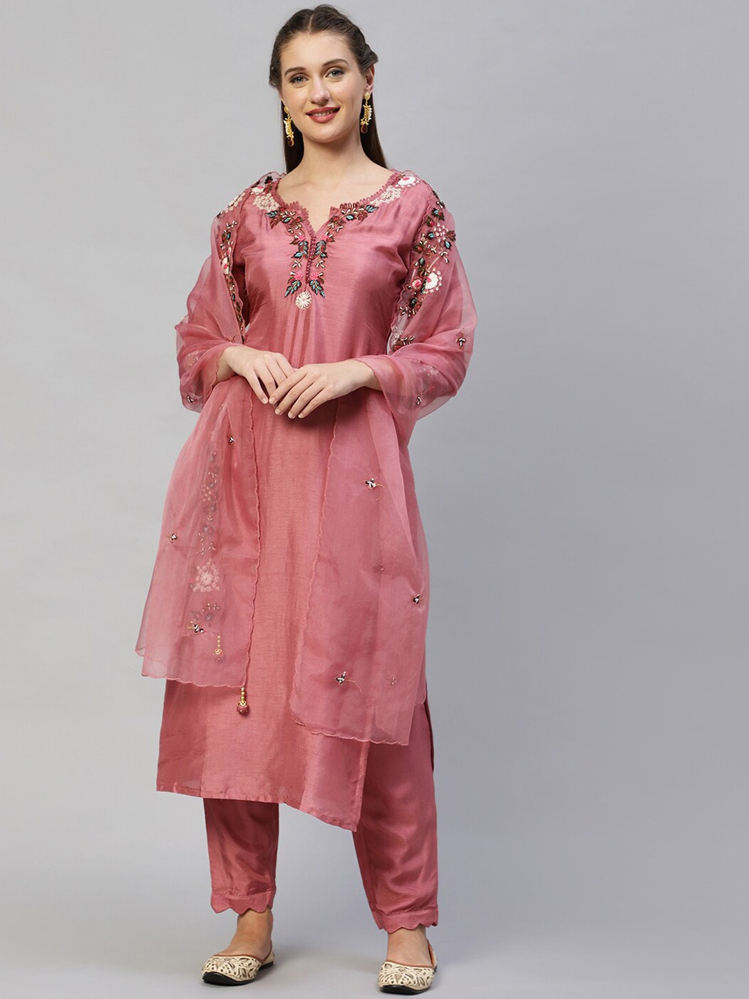 

FASHOR Women Pink Floral Hand Embroidered Kurta with Trousers & Dupatta