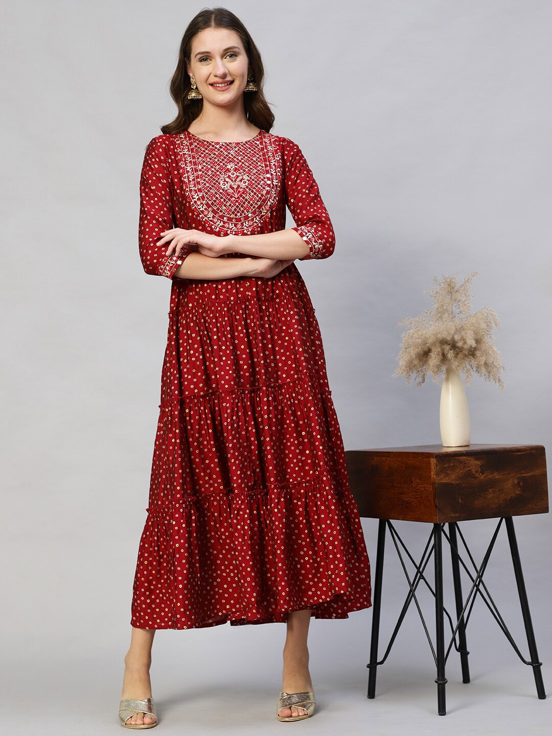 

FASHOR Women Maroon Embroidered Maxi Dress