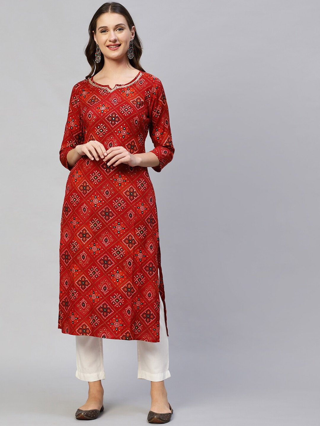 

FASHOR Women Red Geometric Printed Keyhole Neck Mirror Work Kurta