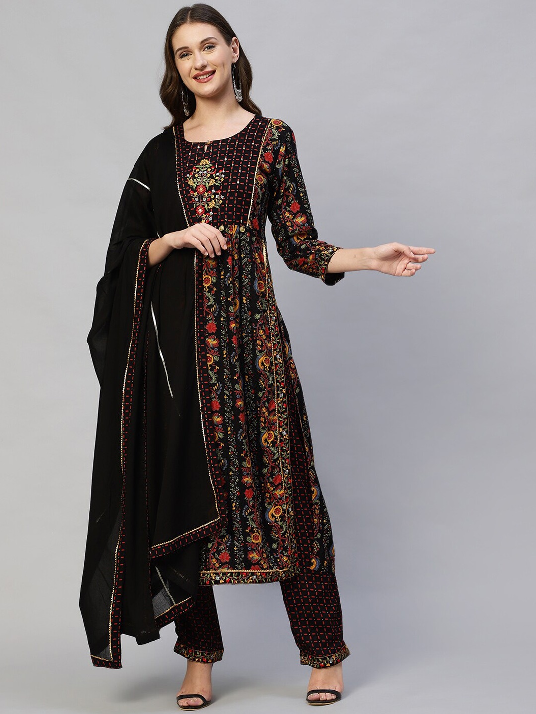

FASHOR Women Black Panelled Sequinned Kurta with Trousers & With Dupatta