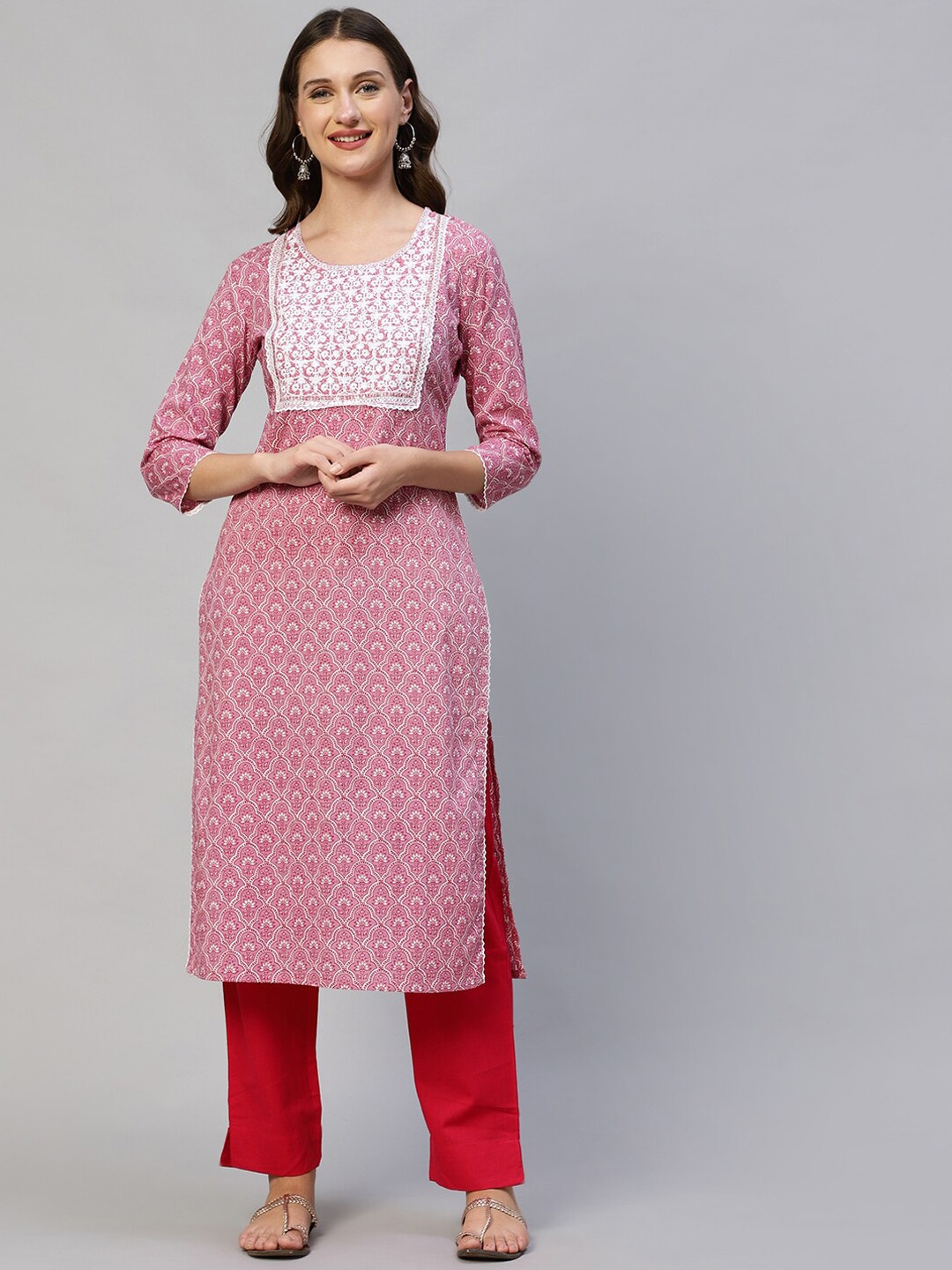 

FASHOR Women Pink Embroidered Printed Thread Work Kurta