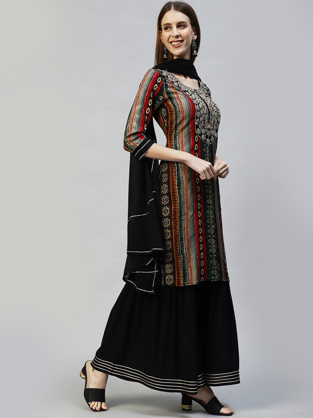 

FASHOR Women Black Floral Layered Sequinned Kurta with Sharara & With Dupatta, Multi