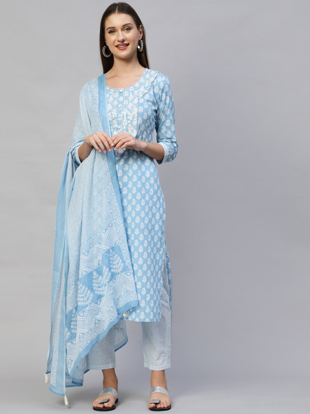

FASHOR Women Blue Ethnic Motifs Printed Pure Cotton Kurta with Trousers & Dupatta