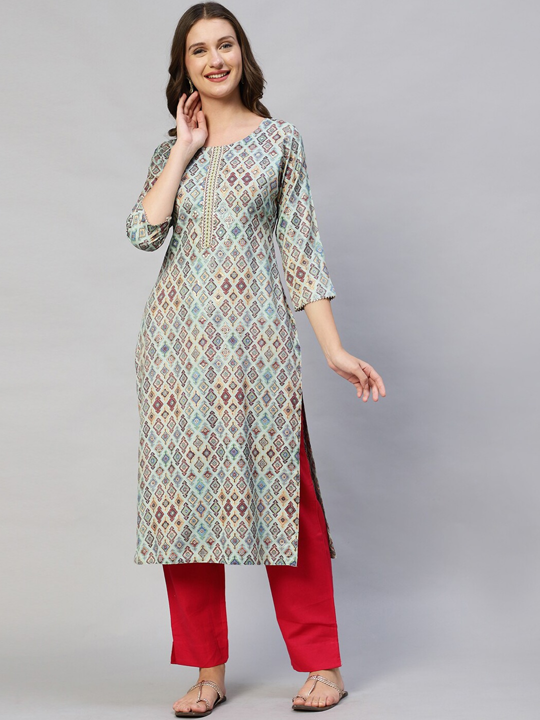 

FASHOR Women Mint Green Geometric Printed Kurta