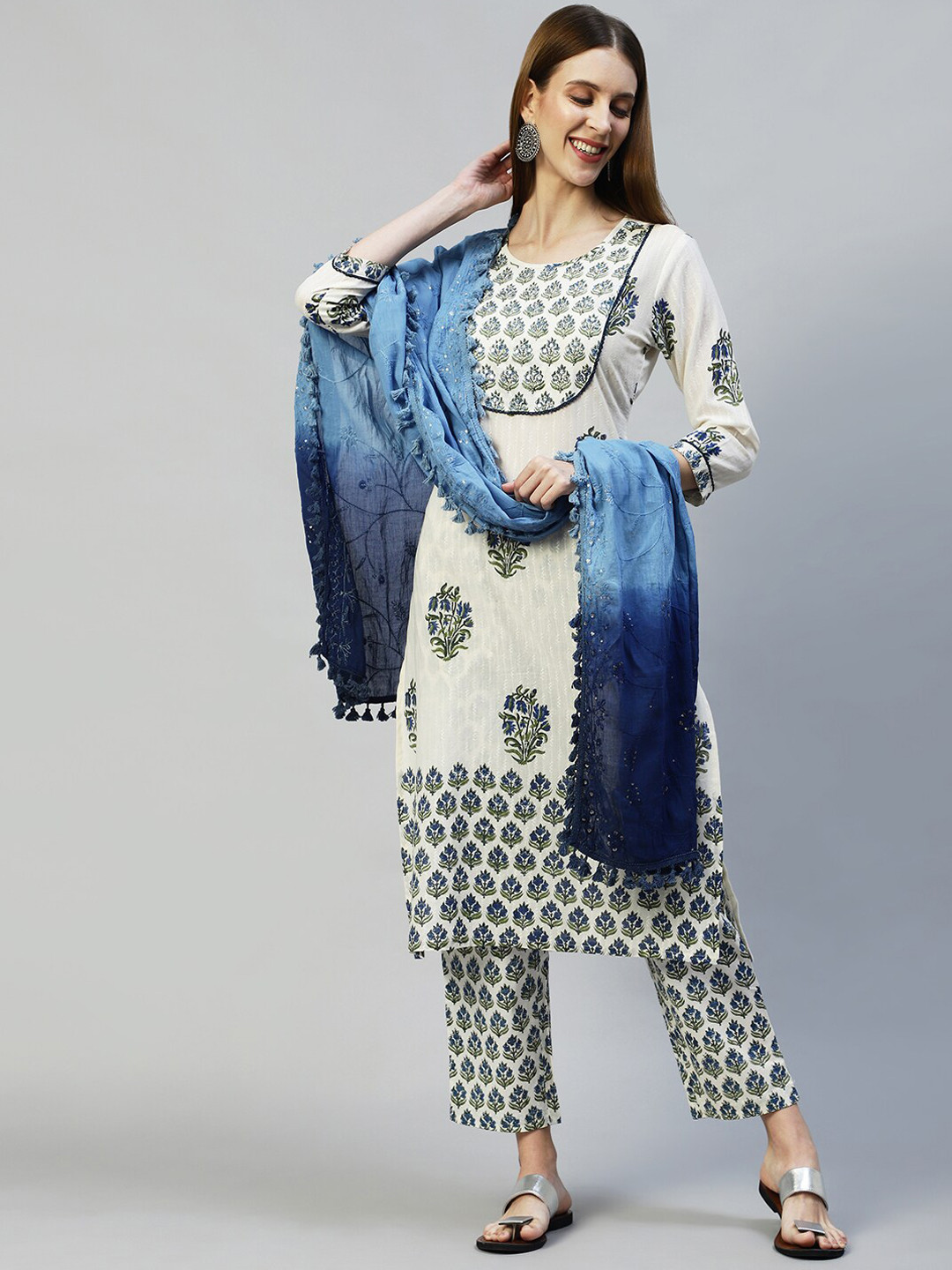 

FASHOR Women Off White Ethnic Motifs Printed Pure Cotton Kurta with Trousers & Dupatta