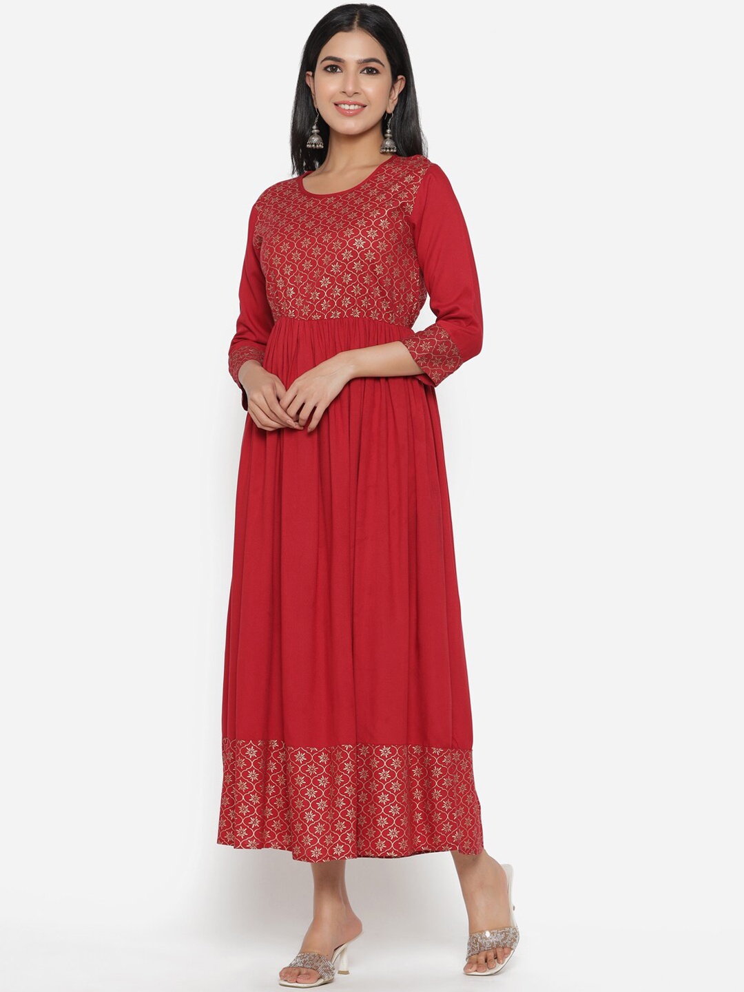 

DAEVISH Women Maroon Ethnic Motifs Yoke Design Block Print Anarkali Kurta