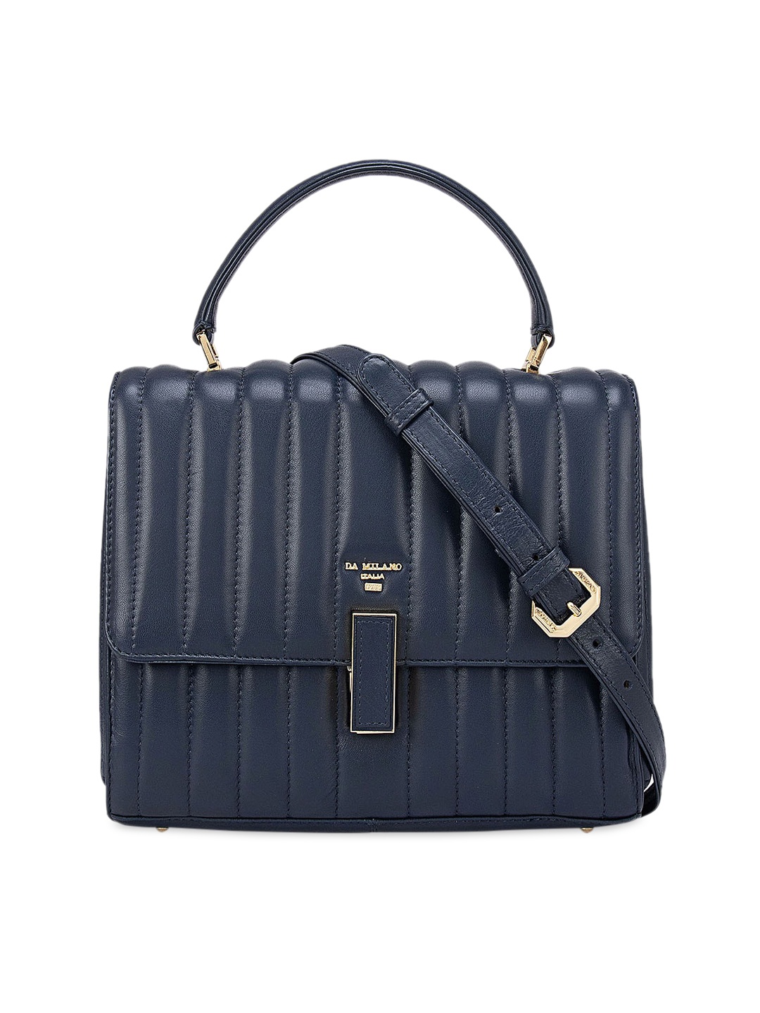 

Da Milano Navy Blue Textured Leather Structured Satchel with Quilted Detail