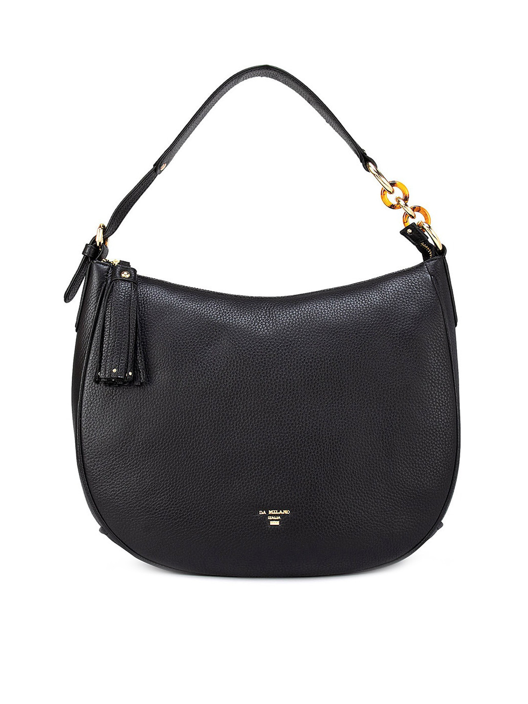 

Da Milano Black Leather Half Moon Hobo Bag with Tasselled Zip Detail