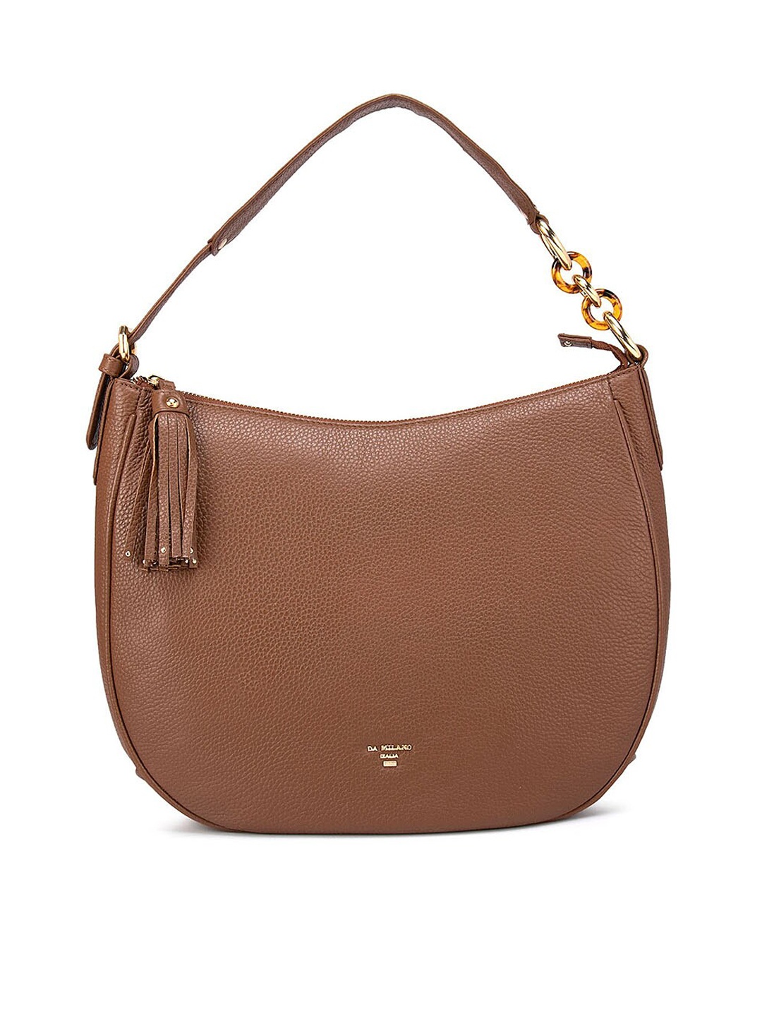 

Da Milano Brown Leather Bucket Hobo Bag with Tasselled