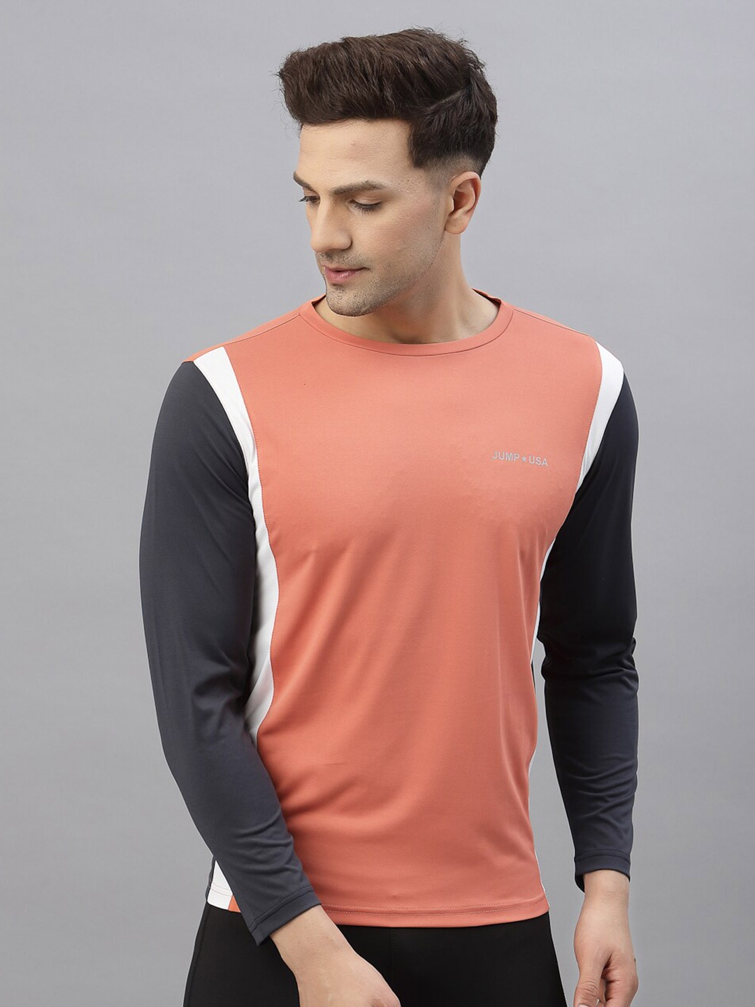 JUMP USA Men Orange & Navy Blue Colourblocked Regular Fit T-shirt