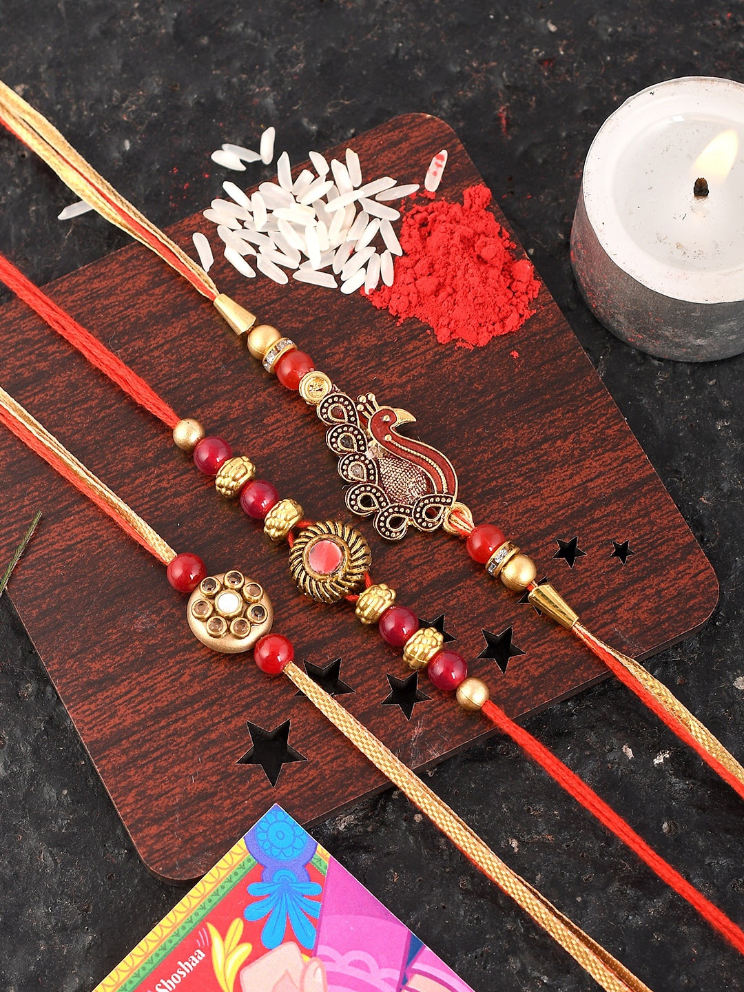 

Shoshaa Men Set Of 3 Gold-Toned White Red Stone-Studded Pearl Beaded Rakhi