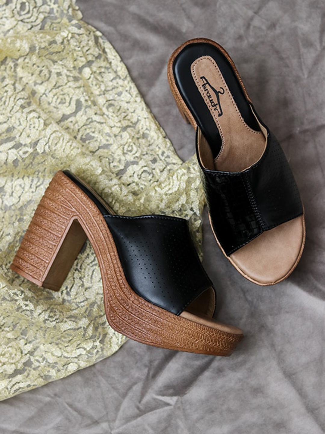 

Brauch Black Textured Peep Toes Block Heels