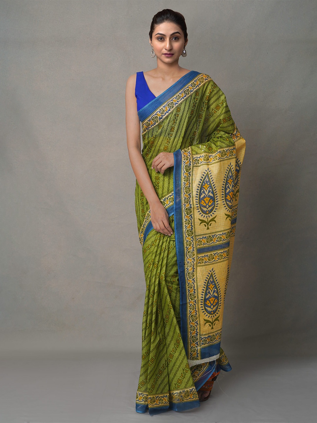 

Unnati Silks Green & Yellow Ethnic Motifs Pure Cotton Block Print Saree