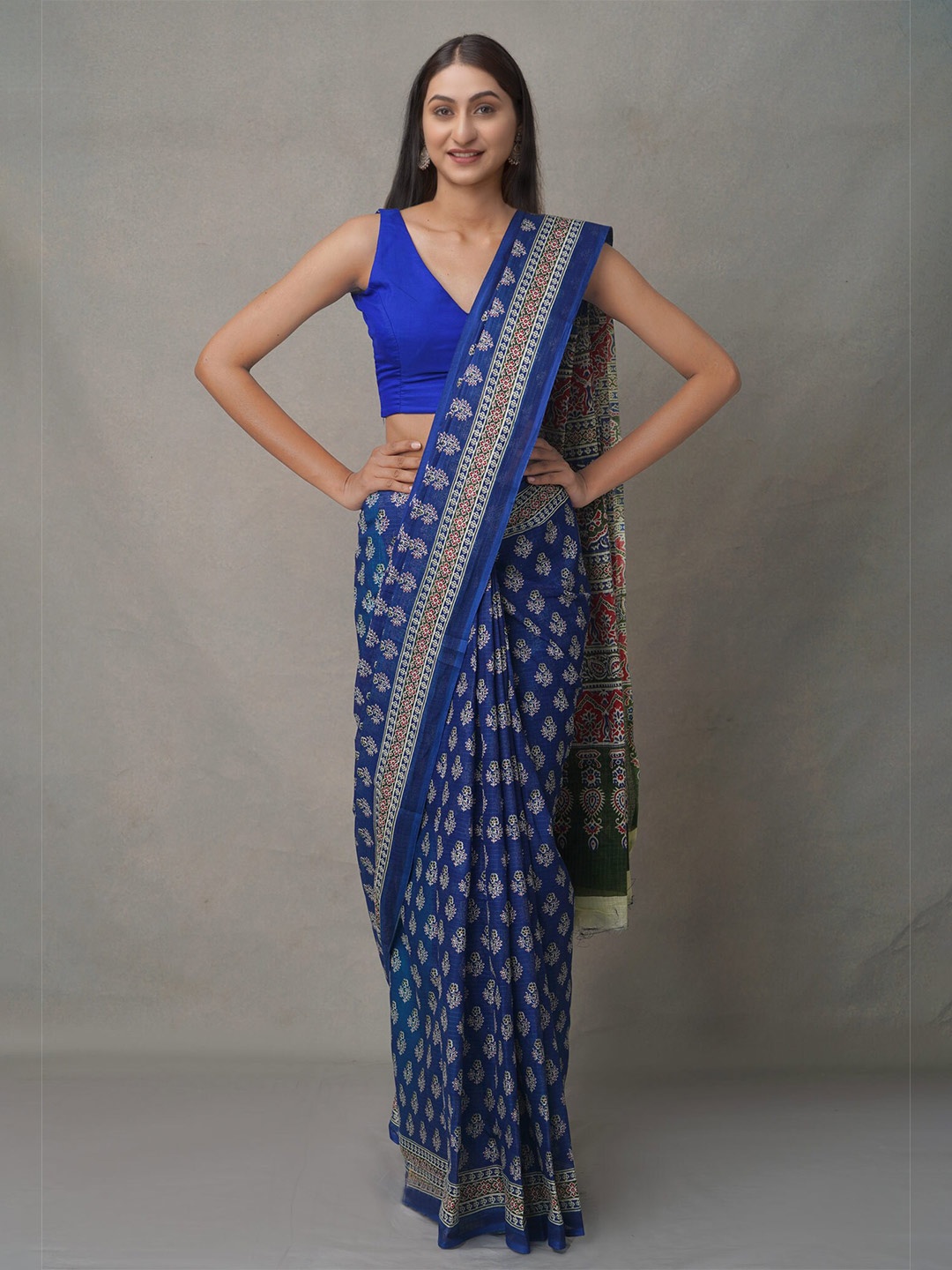 

Unnati Silks Blue & White Ethnic Motifs Pure Cotton Block Print Saree