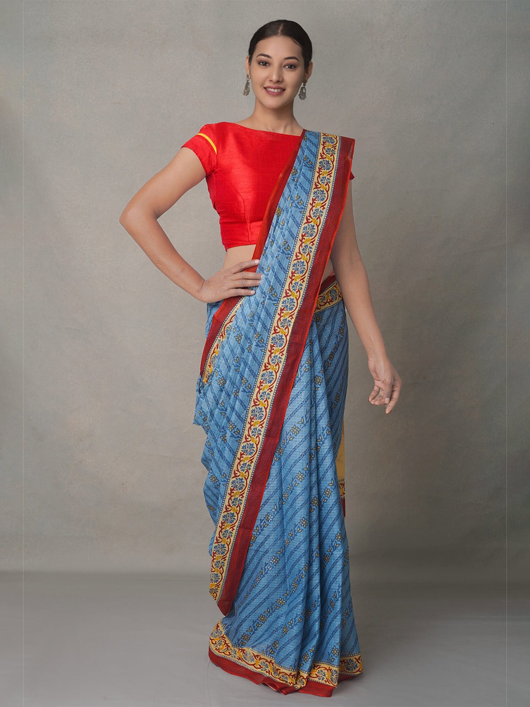 

Unnati Silks Blue & Brown Ethnic Motifs Pure Cotton Block Print Saree