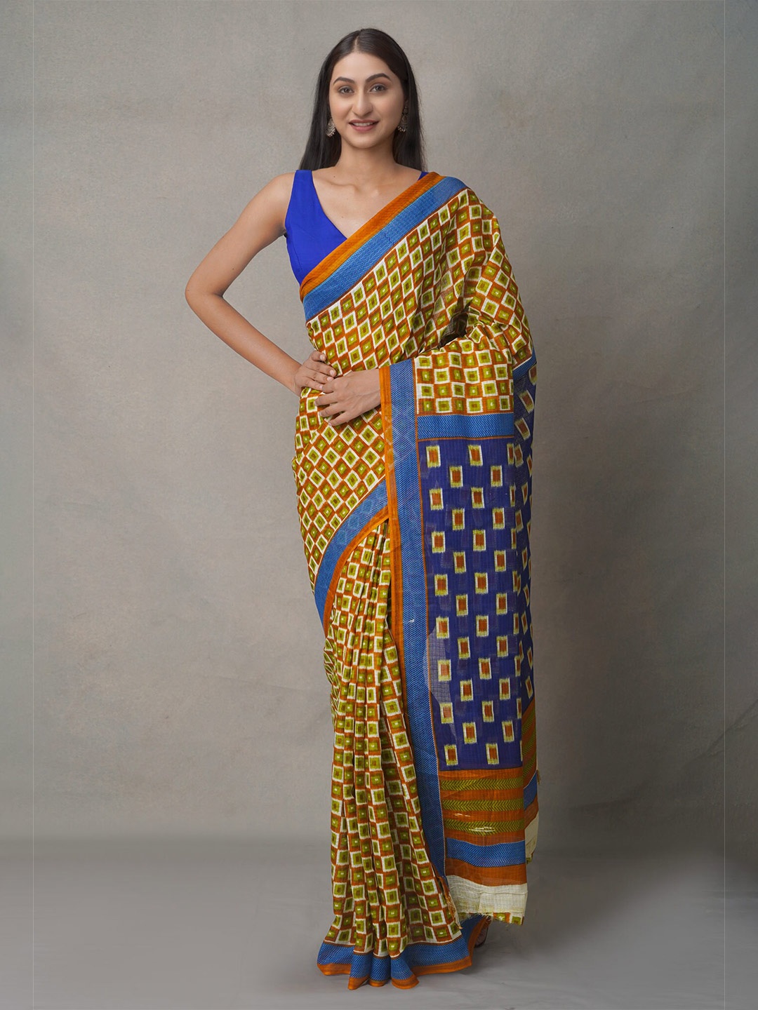 

Unnati Silks Mustard & Blue Pure Cotton Block Printed Handloom Saree