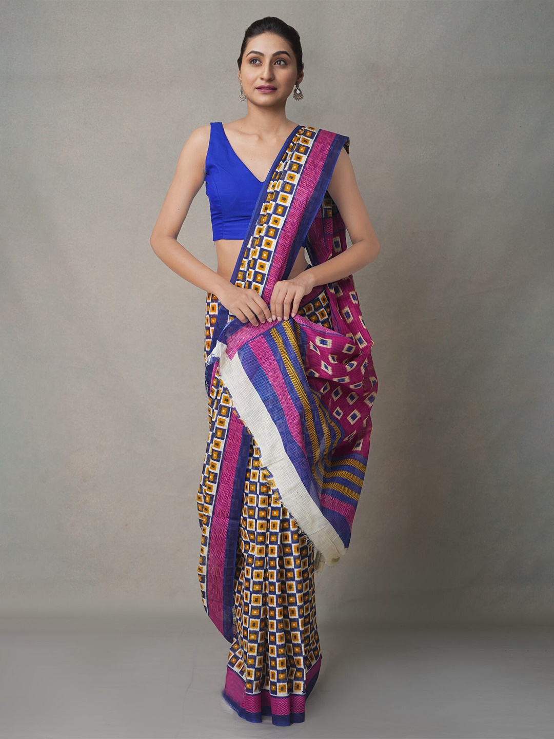 

Unnati Silks White & Blue Pure Cotton Block Print Saree