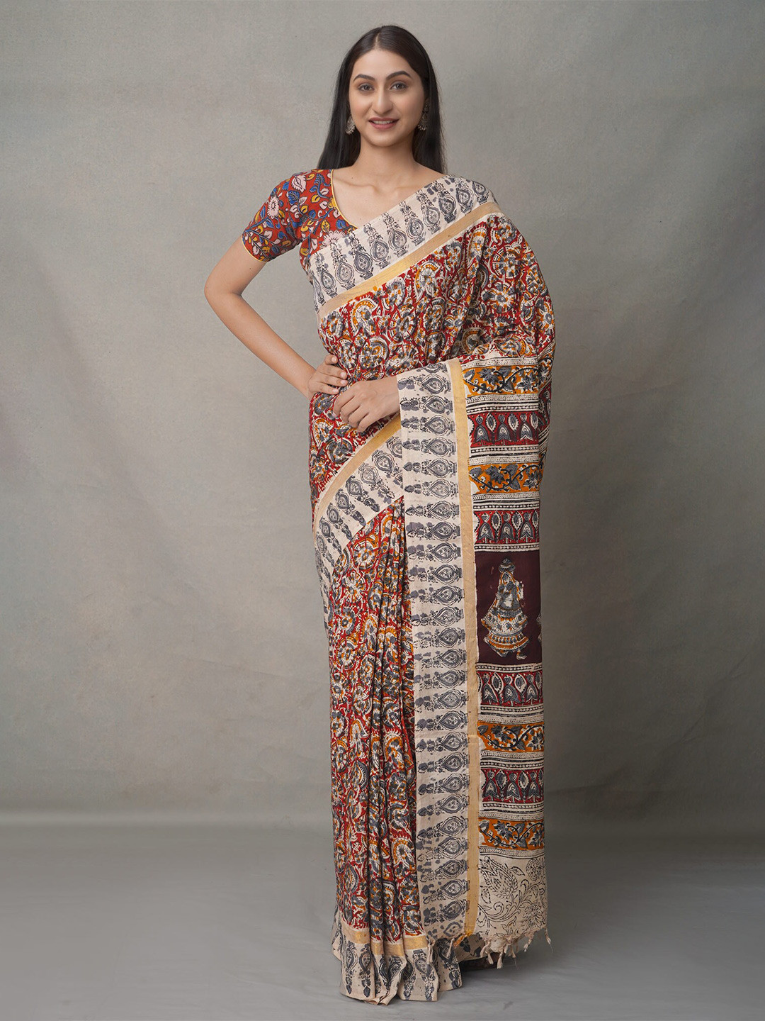 

Unnati Silks Cream-Coloured & Red Kalamkari Pure Silk Kanjeevaram Saree