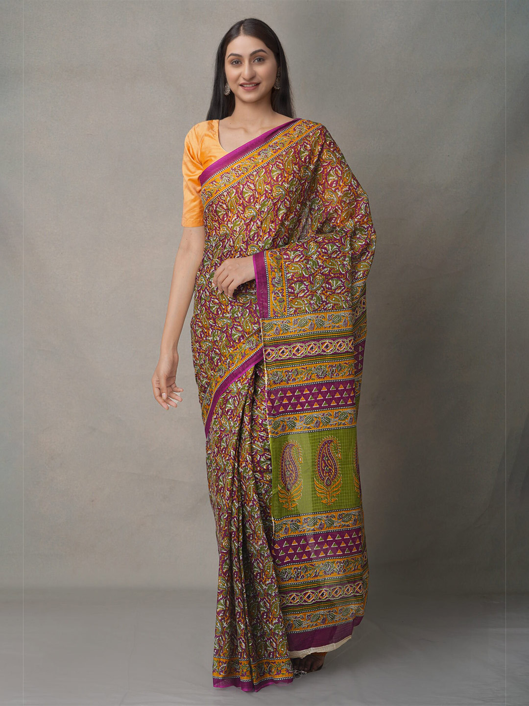 

Unnati Silks Green & Purple Ethnic Motifs Pure Cotton Block Print Saree