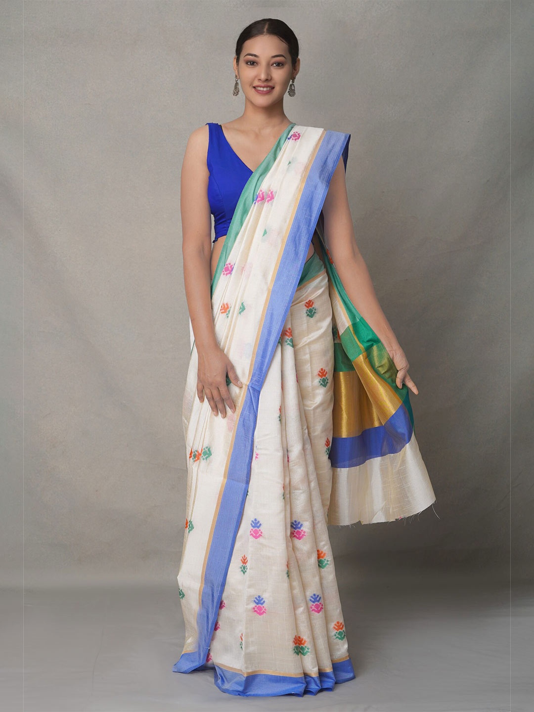 

Unnati Silks Cream-Coloured & Blue Woven Design Linen Blend Jamdani Saree