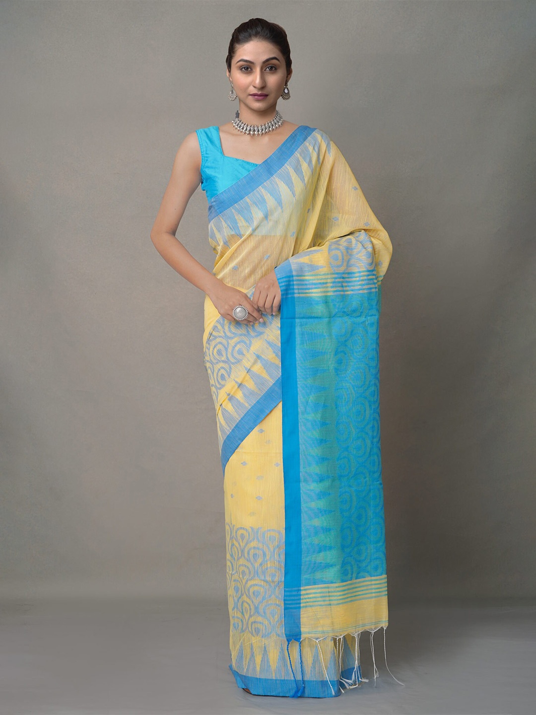 

Unnati Silks Cream-Coloured & Blue Ethnic Motifs Pure Linen Jamdani Saree