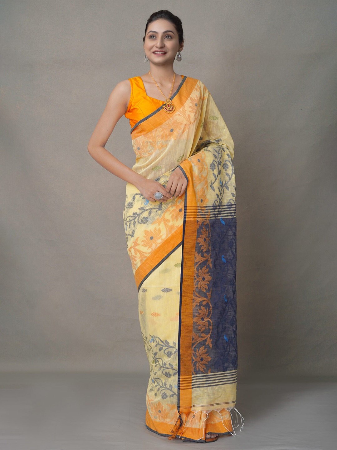

Unnati Silks Orange & Navy Blue Ethnic Motifs Pure Linen Jamdani Saree