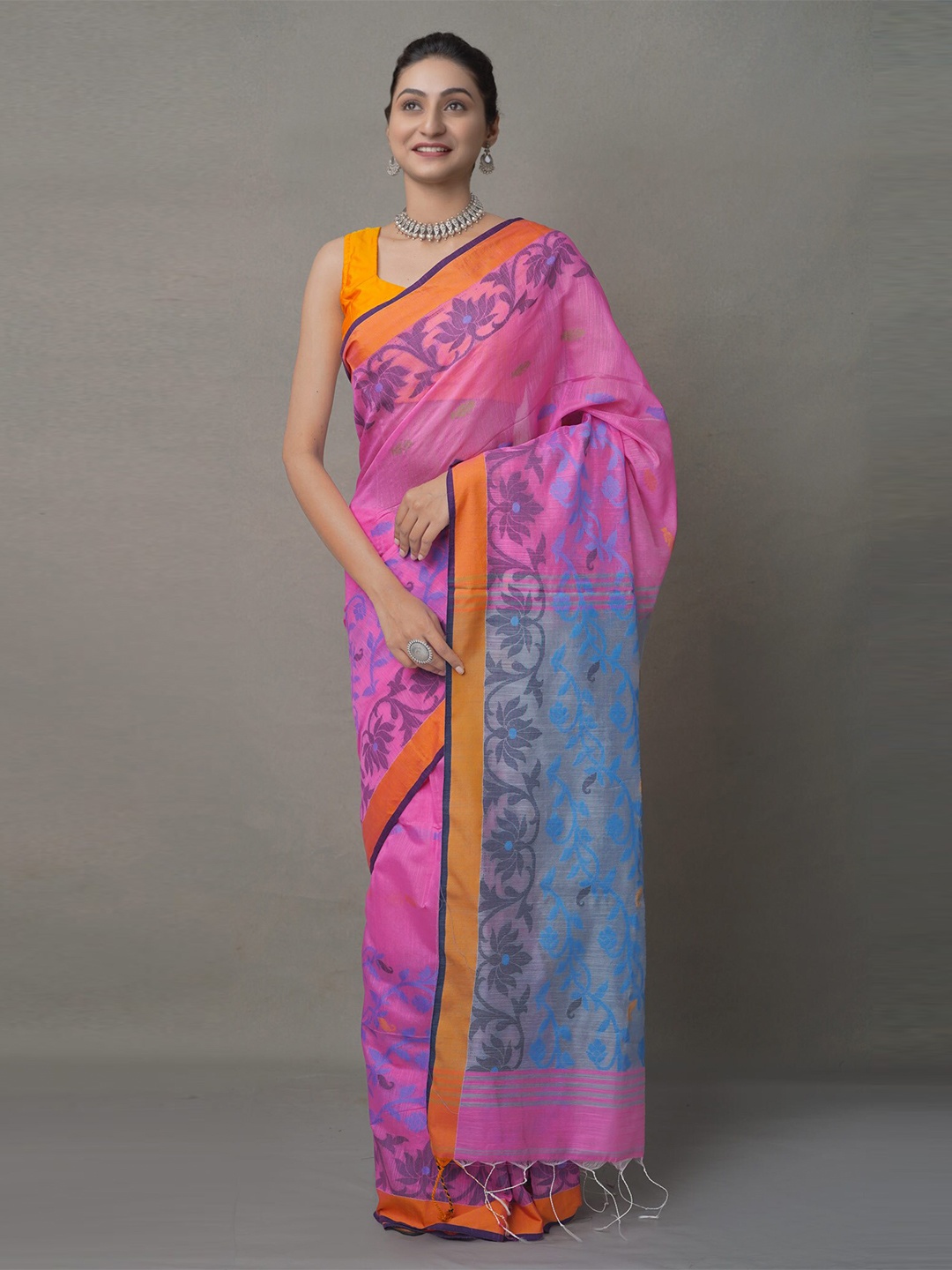 

Unnati Silks Pink & Blue Floral Bengal Pure Linen Saree