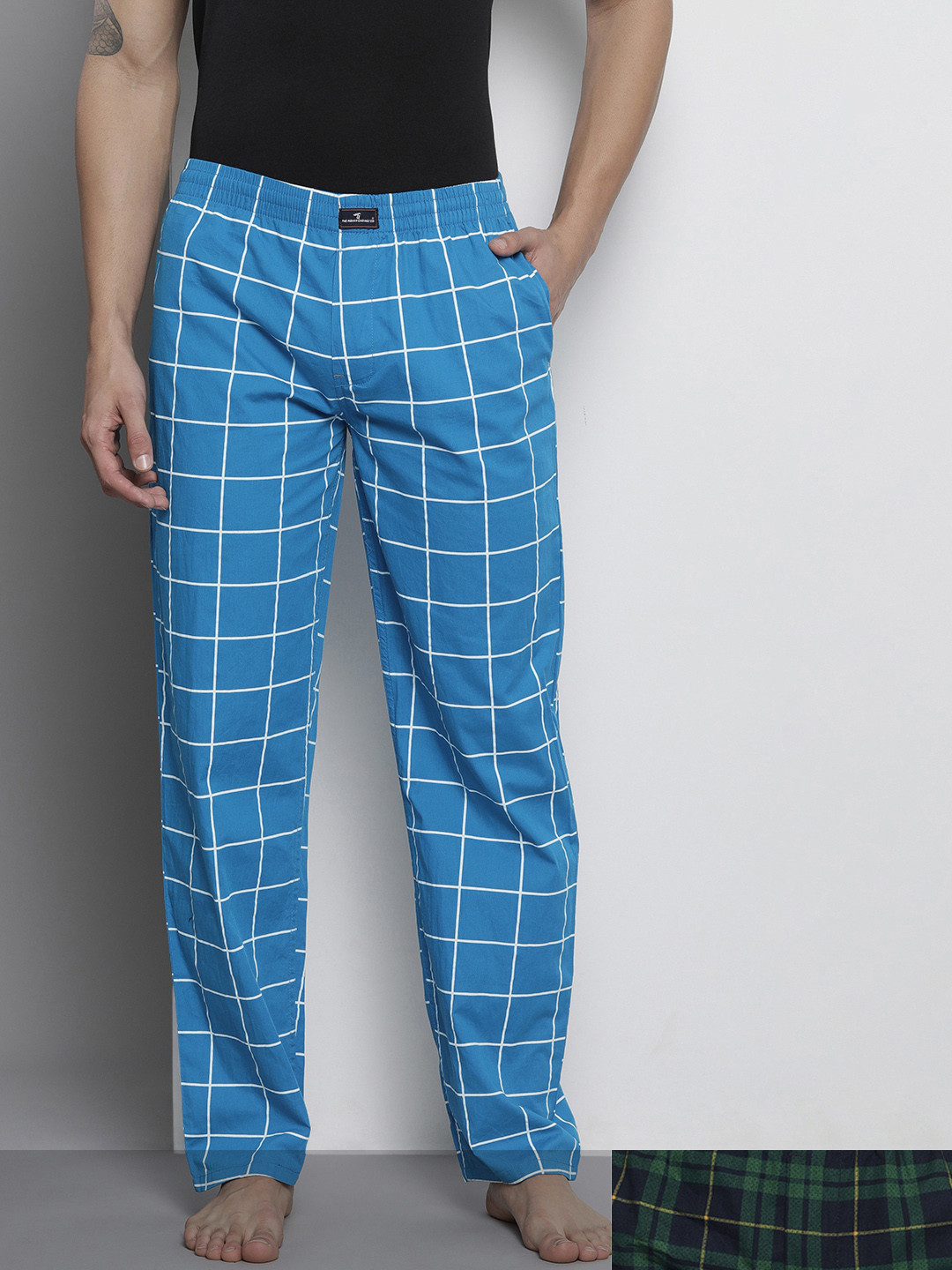 

The Indian Garage Co Men Pack of 2 Cotton Checked Lounge Pants, Blue