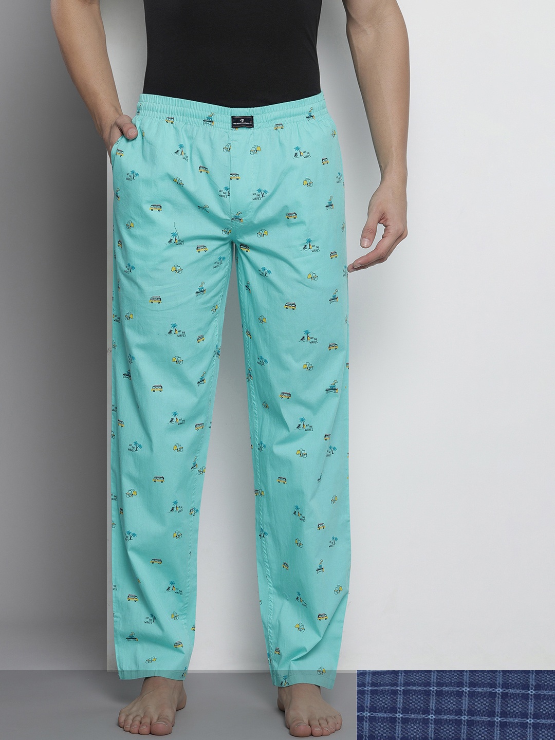 

The Indian Garage Co Men Pack of 2 Cotton Printed Lounge Pants, Sea green
